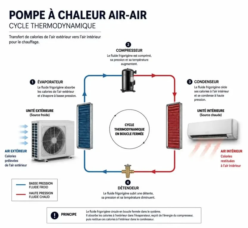 Schéma de fonctionnement d'une climatisation réversible pompe à chaleur air-air