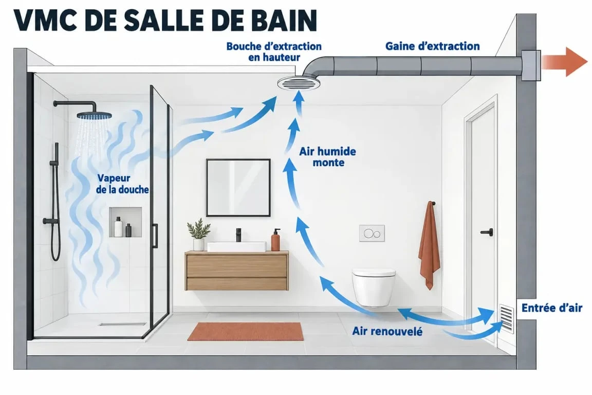 Schéma du fonctionnement et du positionnement d’une VMC de salle de bain