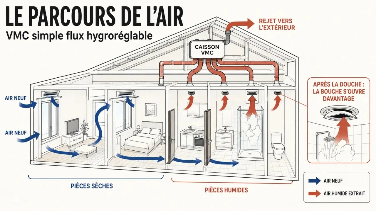 Schéma du fonctionnement d’une ventilation mécanique simple flux hygroréglable dans un logement