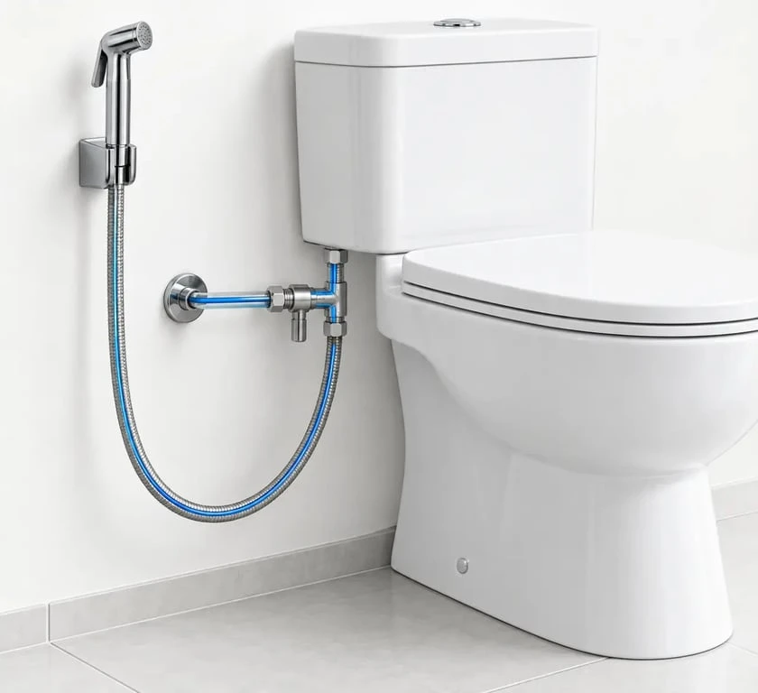 Schéma d’installation d’une douchette toilette avec vanne d’arrêt et flexible