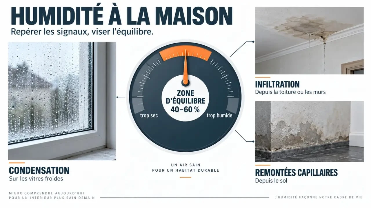 Infographie sur l’humidité maison : taux de 40 à 60 %, condensation, infiltration et remontées capillaires