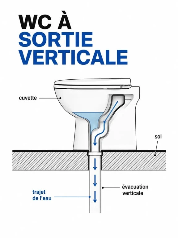 Schéma simplifié d’une sortie verticale wc avec évacuation au sol sous la cuvette
