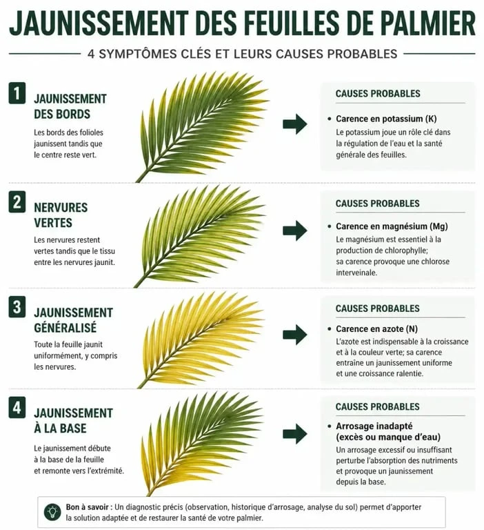 Infographie des symptômes de feuille jaune palmier et leurs causes