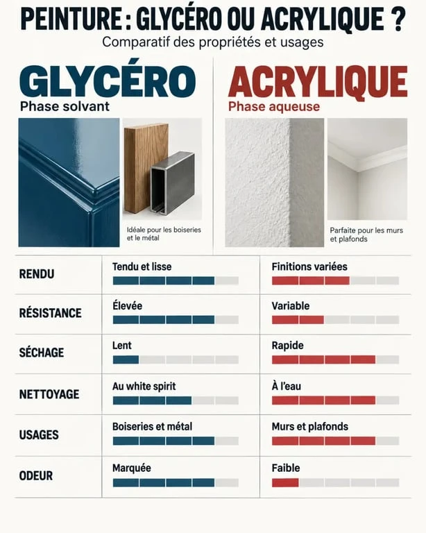 Infographie comparative peinture glycero et peinture acrylique selon la résistance, le séchage et les usages