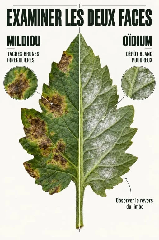 Maladie tomate feuille : observation du dessus et du dessous d’une feuille atteinte