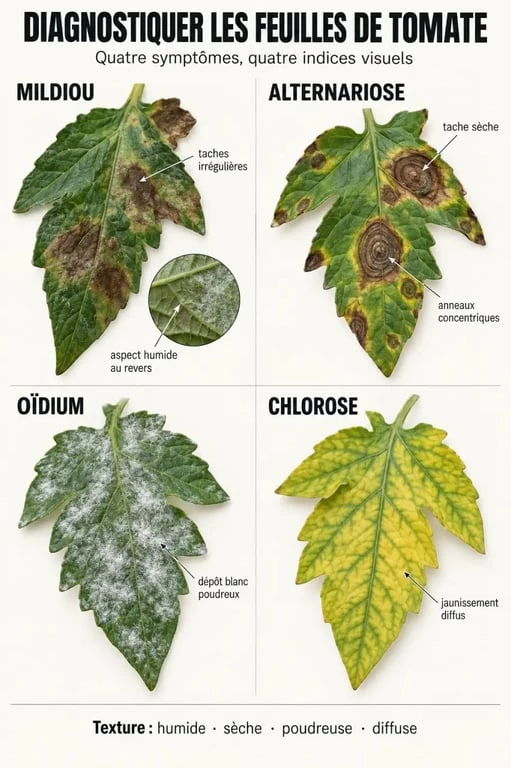 Maladie tomate feuille : comparaison visuelle du mildiou, de l’alternariose, de l’oïdium et de la chlorose