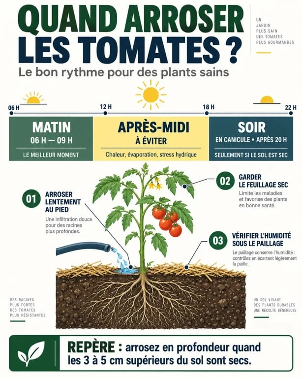 Infographie sur quand arroser les tomates le matin ou le soir selon la météo