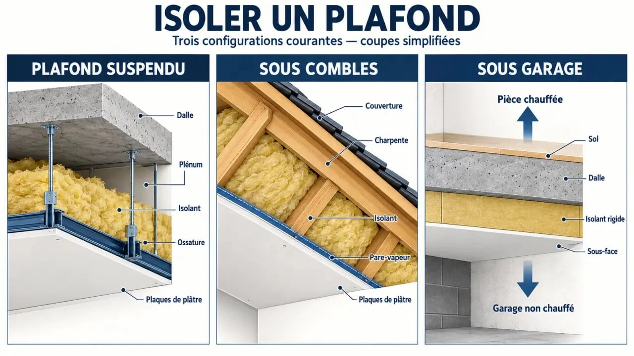 Schéma des principales solutions d'isolation plafond selon la configuration du logement