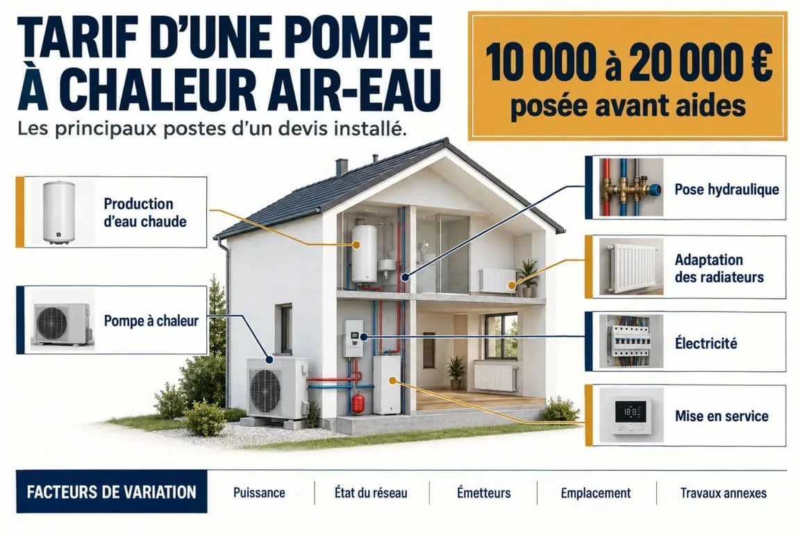 Infographie sur le tarif d’une pompe à chaleur air-eau et les principaux postes d’un devis