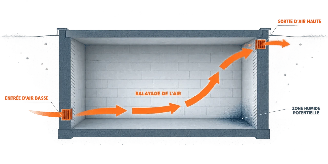 Schéma de ventilation d'une cave humide par entrée d'air basse et sortie d'air haute