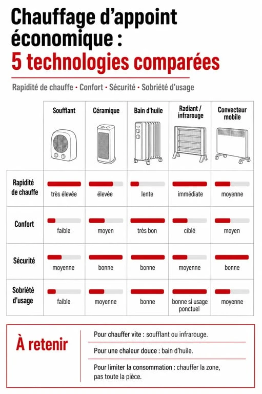 Comparatif des solutions de chauffage d'appoint économique selon rapidité, confort, sécurité et consommation