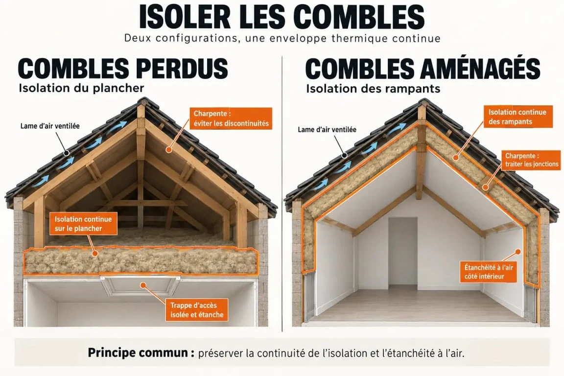 Infographie sur l’isolation des combles perdus et aménagés