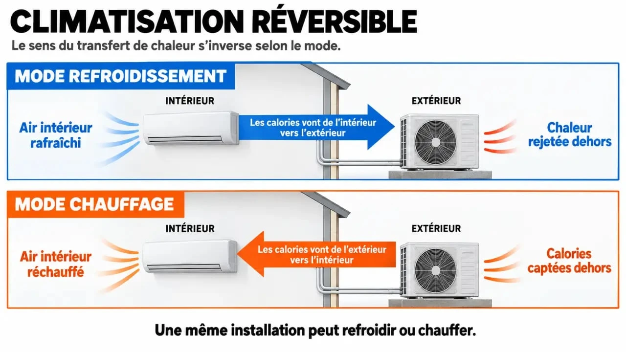 Schéma du fonctionnement d’une climatisation maison réversible en chauffage et refroidissement