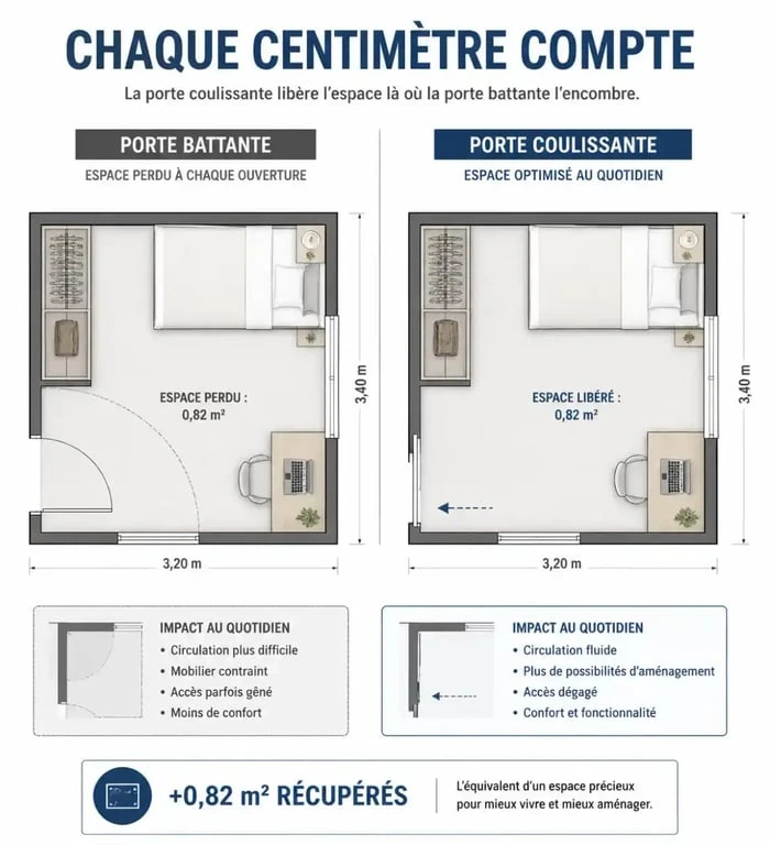 Schéma d'aménagement maison montrant l'optimisation de l'espace avec une porte coulissante