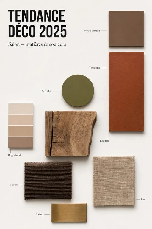 Tendance déco 2025 salon avec moodboard de couleurs et matières naturelles