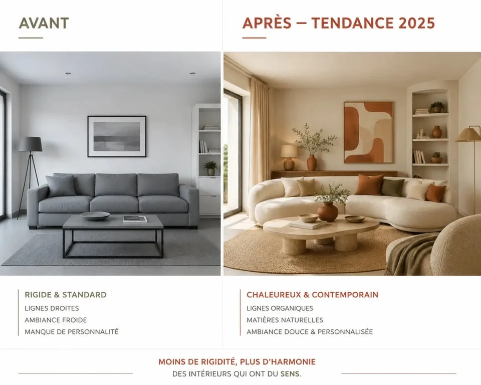 Tendance déco 2025 salon avant et après transformation avec couleurs terreuses et formes organiques