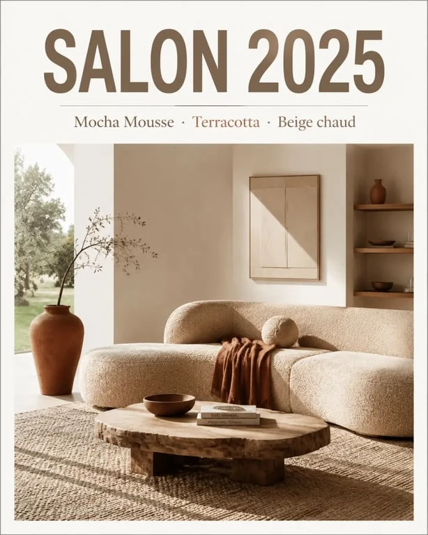 Tendance déco 2025 salon avec palette Mocha Mousse, terracotta et beige chaud dans un salon chaleureux