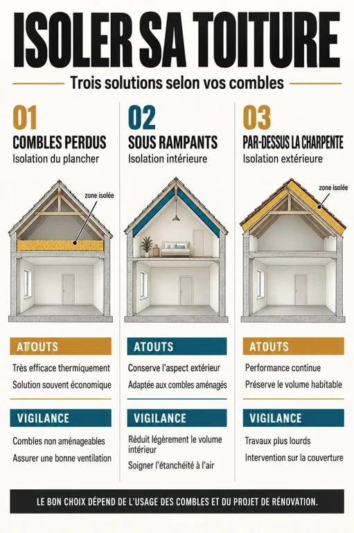 Infographie sur les solutions d’isolation de toiture pour combles perdus et combles aménagés