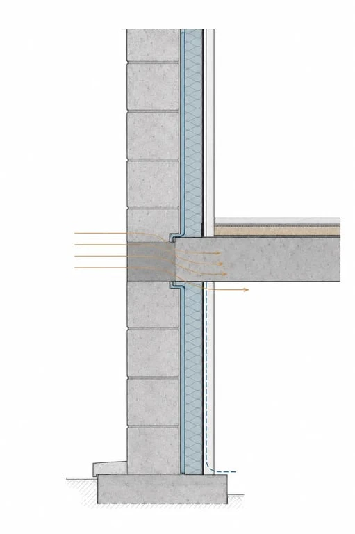 Isolation thermique intérieur : schéma d’un mur isolé par l’intérieur avec ses couches et un pont thermique