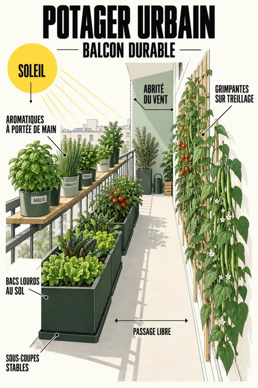 Aménager un potager urbain durable sur son balcon avec bacs lourds, cultures verticales et passage dégagé