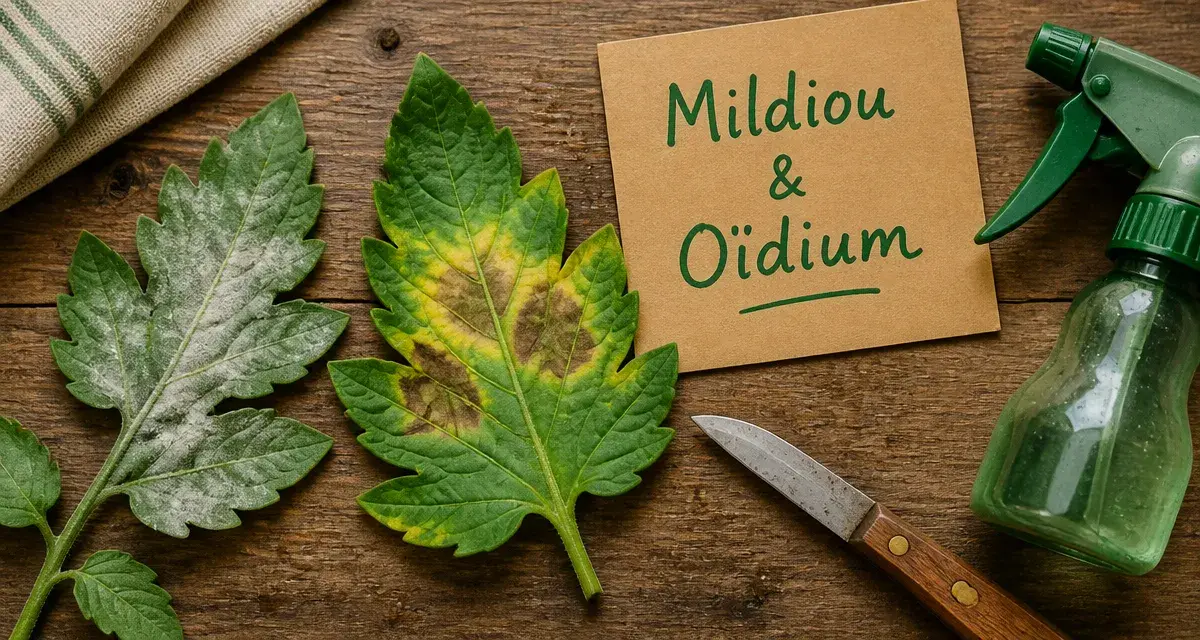 Maladies sur les tomates : feuilles avec mildiou et oïdium, diagnostic visuel naturel