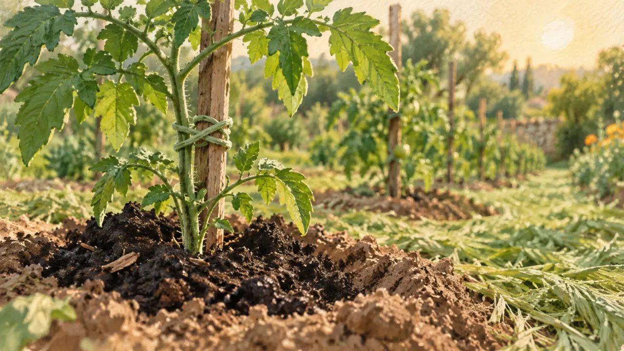 Tomates plantation : plant de tomate tuteuré en terre fraîche