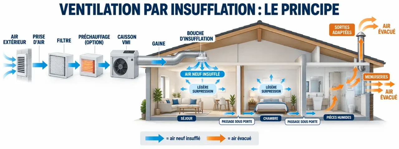 Schéma du fonctionnement d'une ventilation mécanique par insufflation avec filtration, surpression et évacuation de l'air
