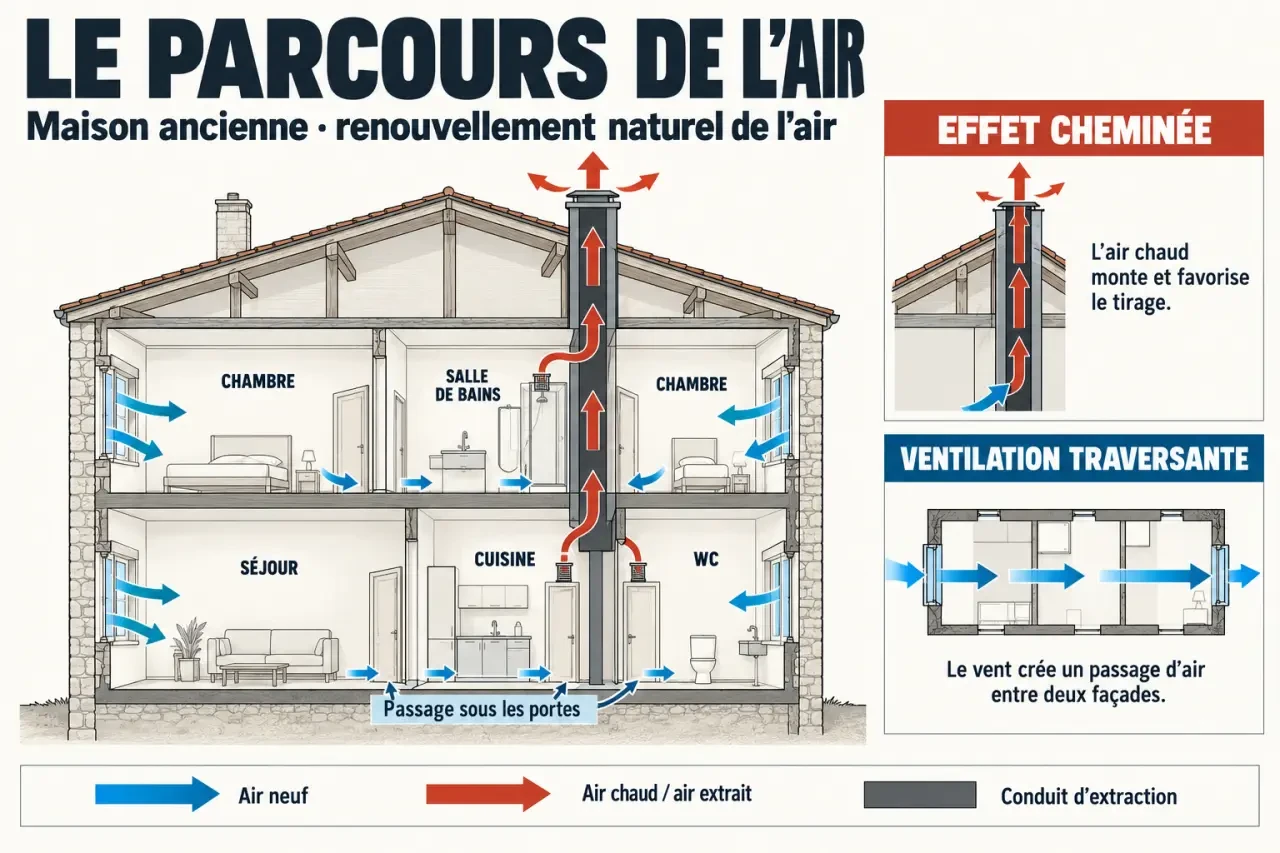 Schéma du parcours de l’air pour comprendre la ventilation naturelle d’une maison ancienne
