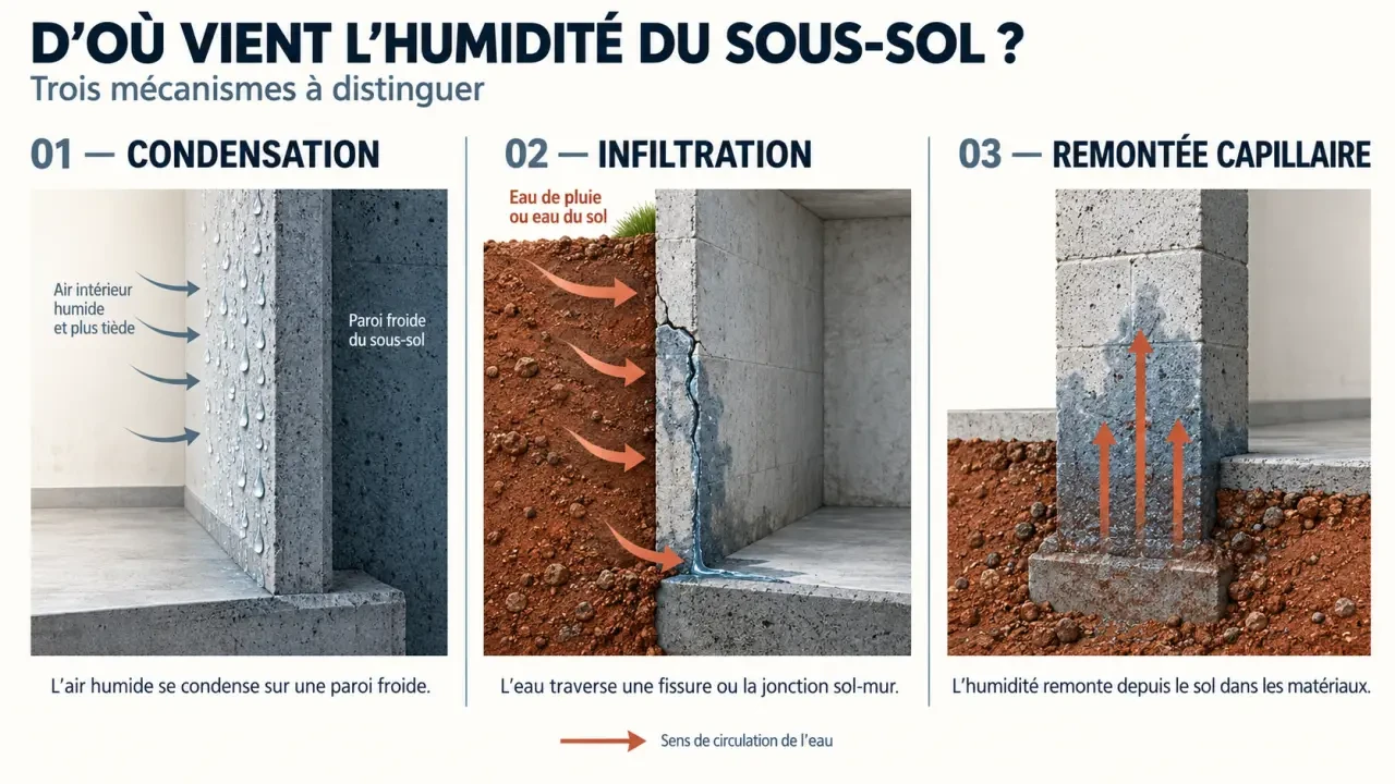 Schéma des causes d’humidité pour déshumidifier un sous-sol : condensation, infiltration et remontées capillaires