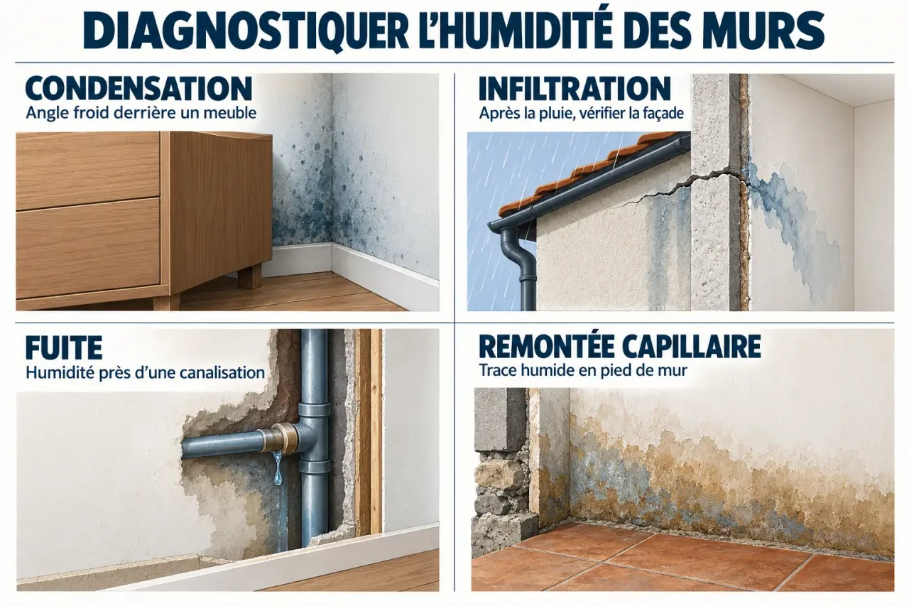 Humidité des murs : schéma des principales causes et des premières vérifications