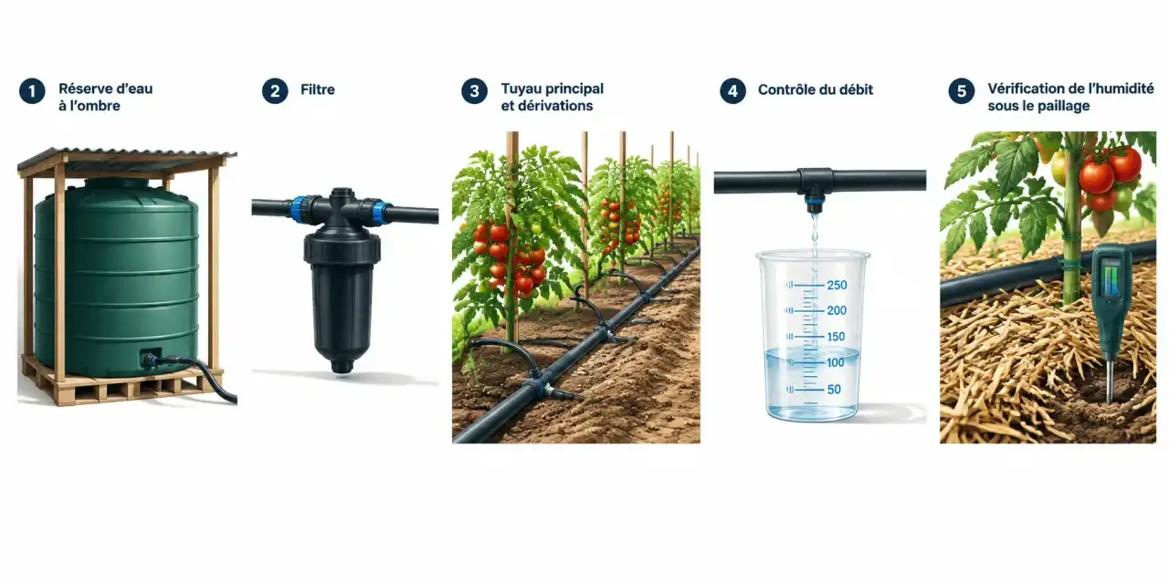 Installation et mesure d’un système de goutte à goutte tomates dans un potager