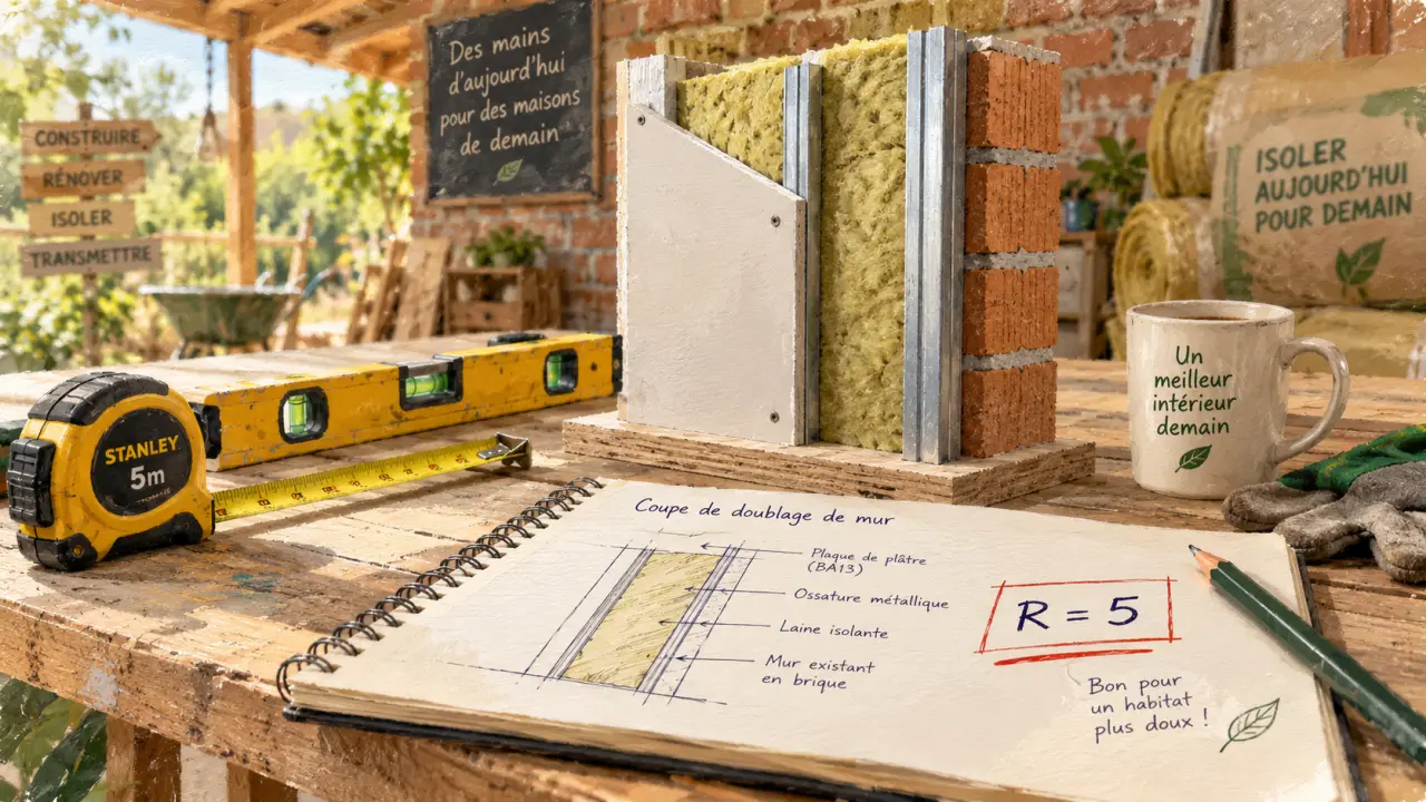 Isolation interieur maison : panneaux, ossature et enduit contre un mur intérieur