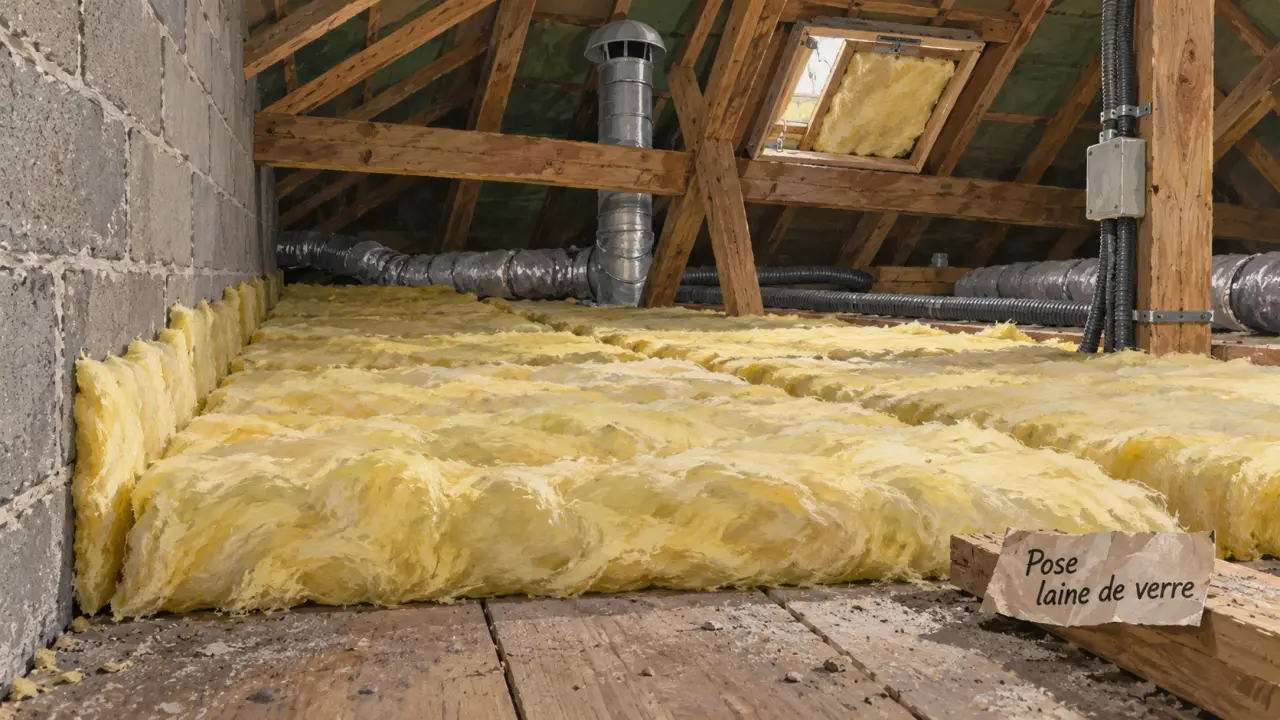 Pose de laine de verre comble : rouleaux isolants posés dans les combles perdus