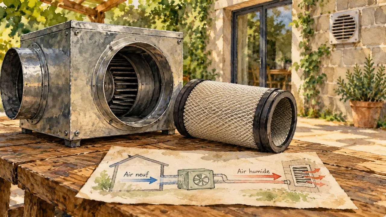 Ventilation mecanique insufflation : air neuf vers pièce, air humide vers sortie